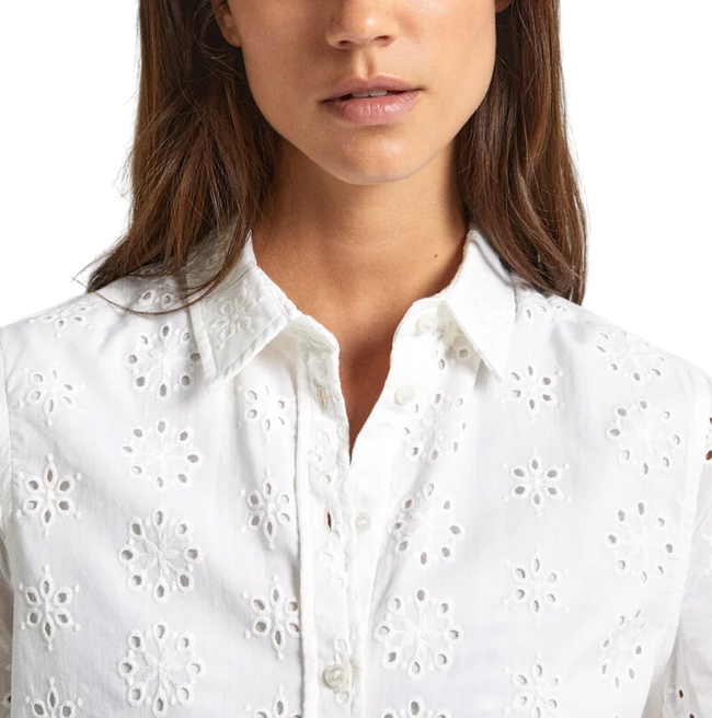 Pepe Jeans camicia manica corta da donna in popeline traforata sangallo Esty PL304810 800 bianco